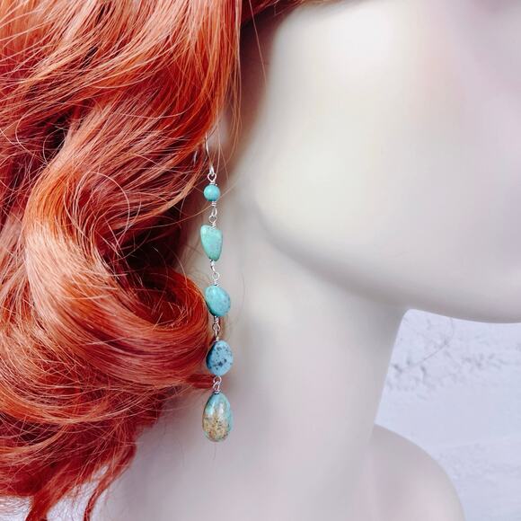 Lightweight Sterling Silver Turquoise-Hued Howlite Stone Long Dangle Earrings - Picture 2 of 11